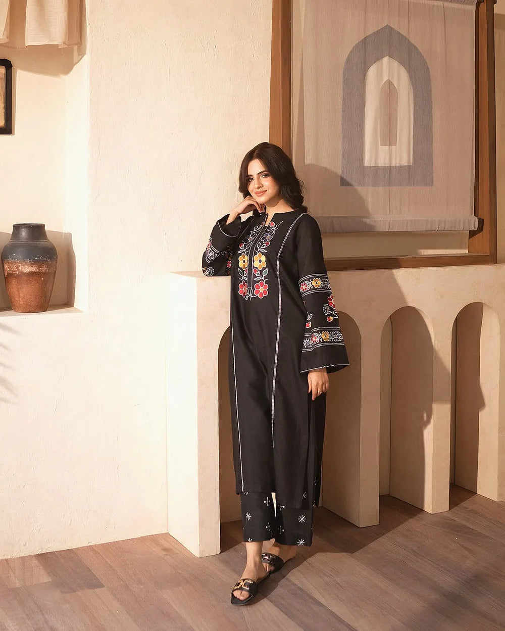 Decent Black Embroidered 2Pcs